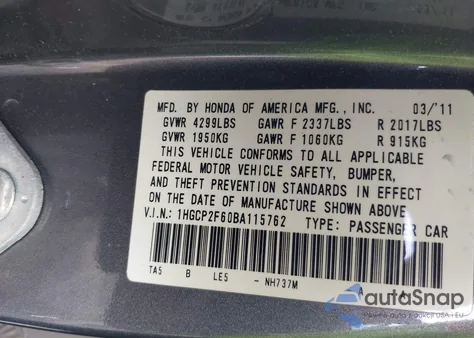 2011 Honda Accord 2.4 Se from USA, damaged, VIN 1HGCP2F60BA115762